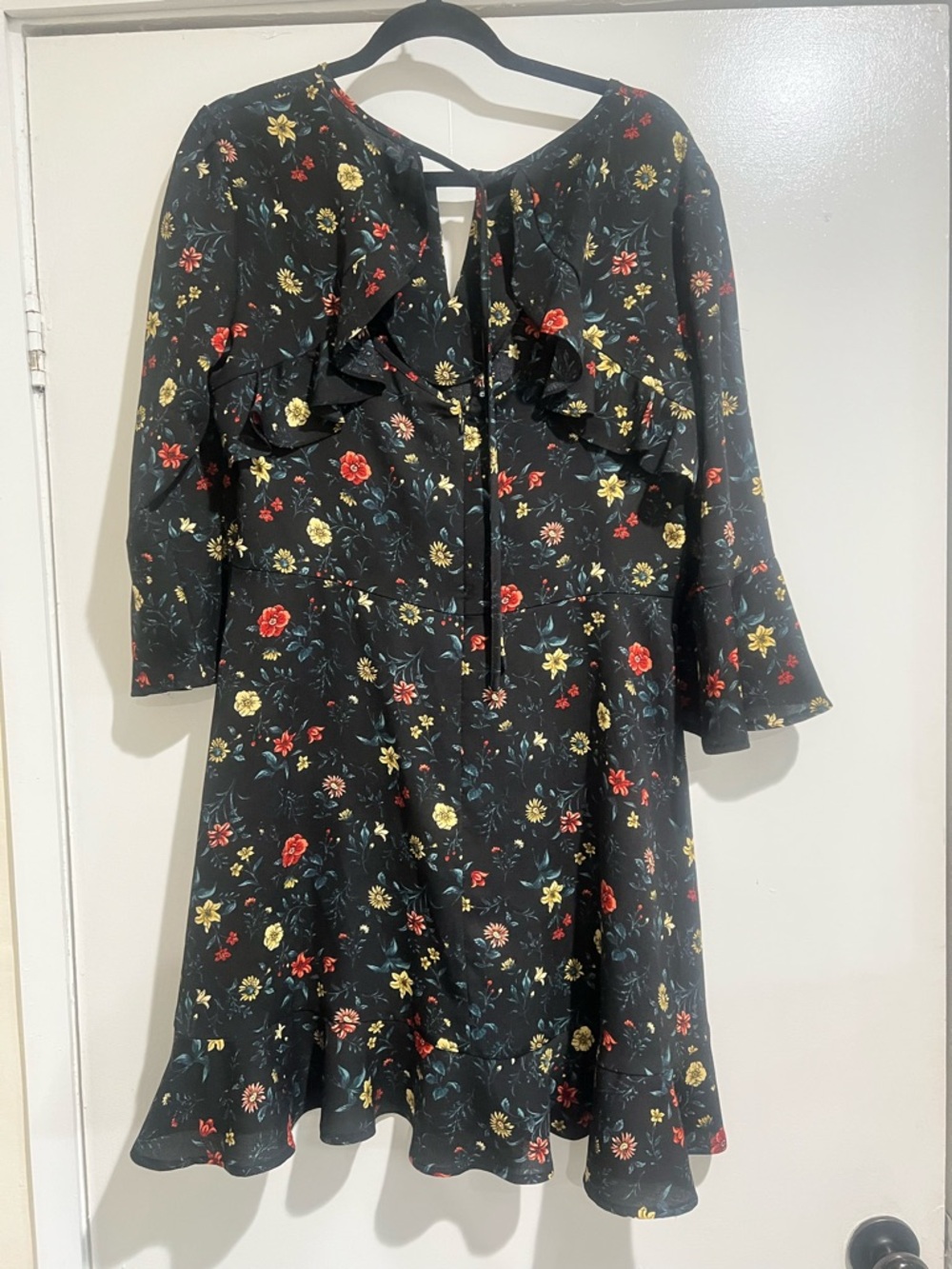 Floral Ruffle A-Line Dress in Black with Red & Yellow Flowers